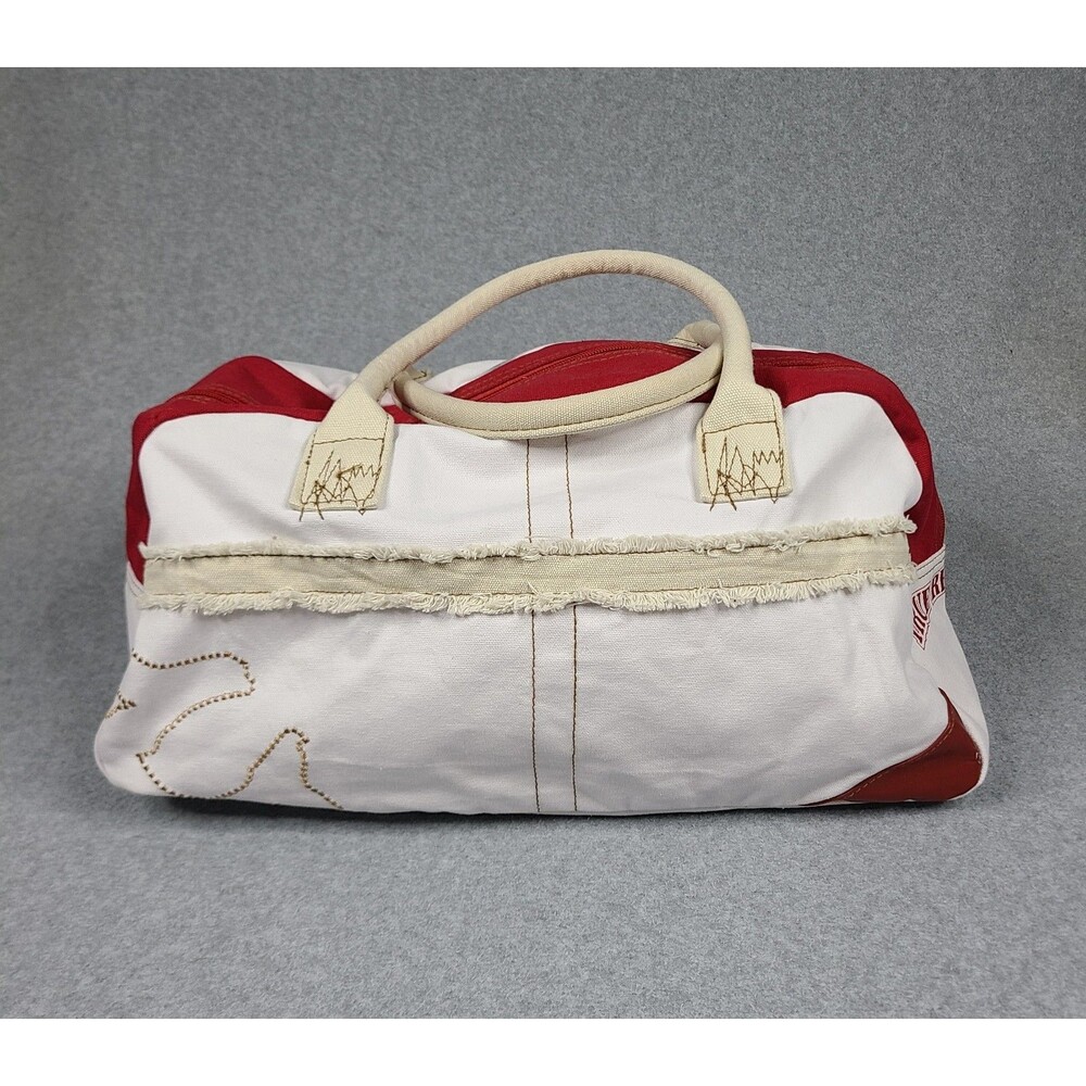 True Religion Red and White Canvas Overnight Bag Tote 16" Wmblem Logo